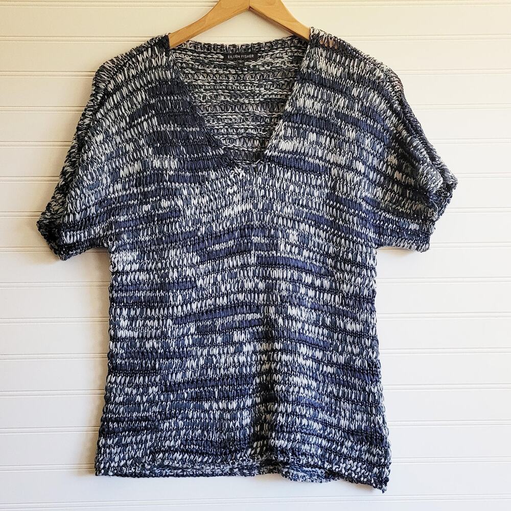 Eileen Fisher Sweater XS Blue Variegated Cotton Blend Short Sleeve